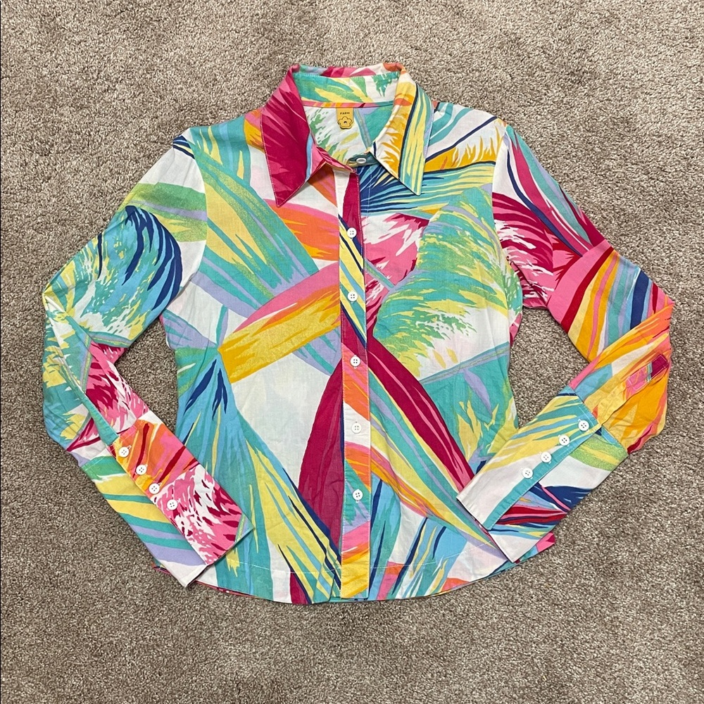 FARM Rio Button Up Shirt Colorful Tropical Print Long Sleeve